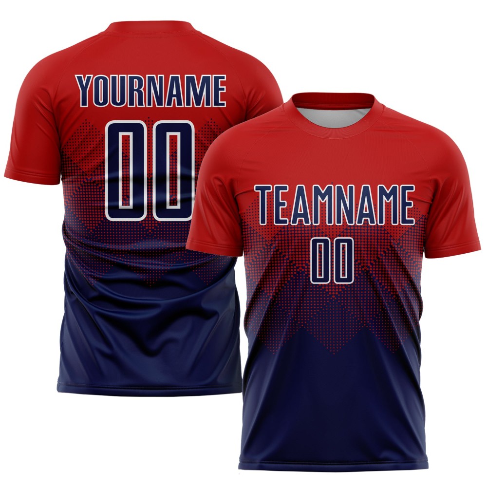 Individuelles rot-marineblau-weißes Sublimations-Fußballtrikot Individuelles rot-marineblau-weißes Sublimations-Fußballtrikot