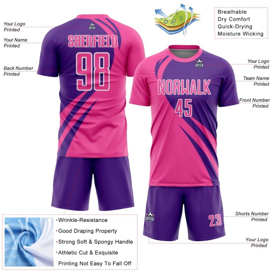 Benutzerdefinierte Rosa Lila-Weiß Curve Linien Sublimation Fußball Uniform Trikot