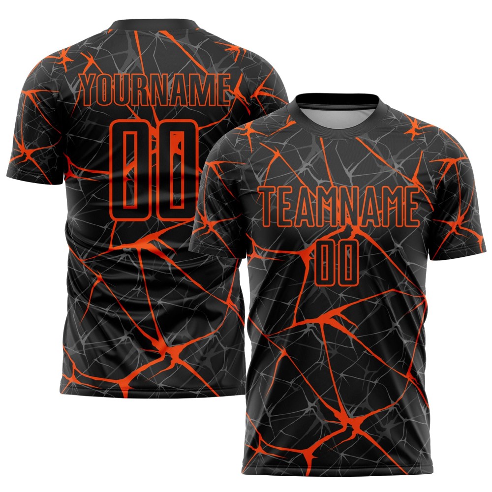 Benutzerdefiniertes schwarz-orangefarbenes Sublimations-Fußballtrikot Benutzerdefiniertes schwarz-orangefarbenes Sublimations-Fußballtrikot
