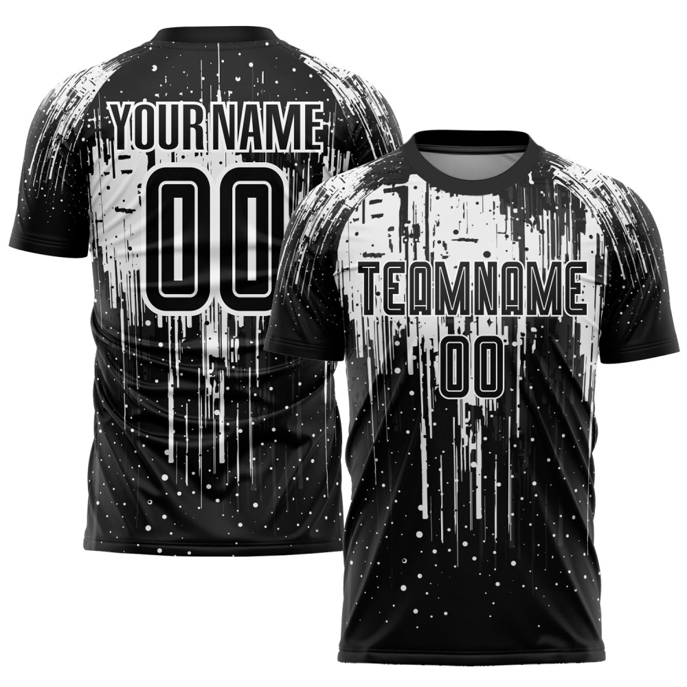Benutzerdefiniertes weiß-schwarzes Sublimations-Fußballtrikot Benutzerdefiniertes weiß-schwarzes Sublimations-Fußballtrikot