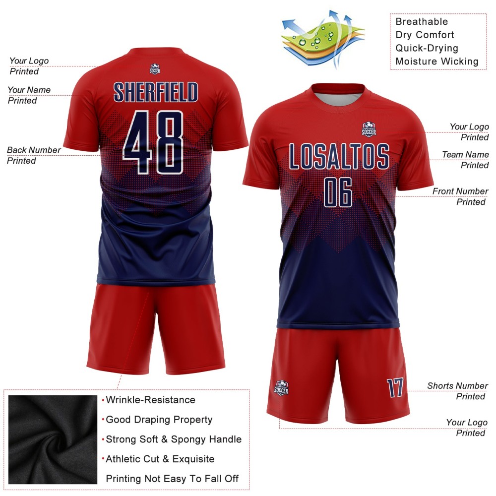 Individuelles rot-marineblau-weißes Sublimations-Fußballtrikot Individuelles rot-marineblau-weißes Sublimations-Fußballtrikot