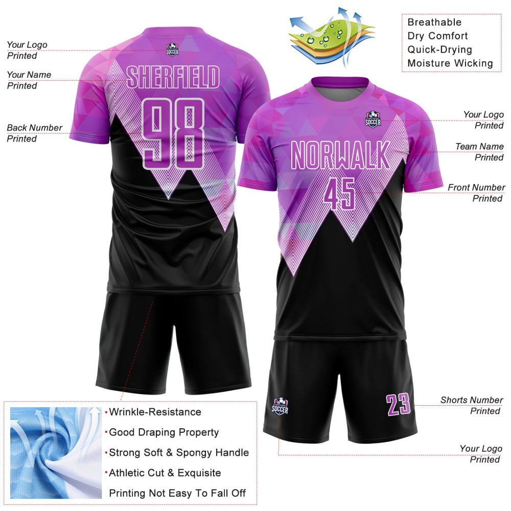 Benutzerdefinierte Lila Schwarz-Weiß Geometrische Muster Sublimation Fußball Uniform Trikot Benutzerdefinierte Lila Schwarz-Weiß Geometrische Muster Sublimation Fußball Uniform Trikot