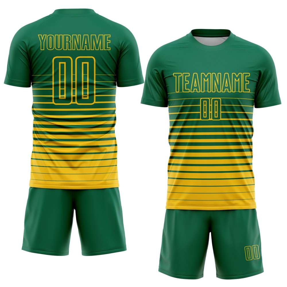 Benutzerdefinierte Kelly Grün Gelb Nadelstreifen Verblassen Mode Sublimation Fußball Uniform Jersey Benutzerdefinierte Kelly Grün Gelb Nadelstreifen Verblassen Mode Sublimation Fußball Uniform Jersey