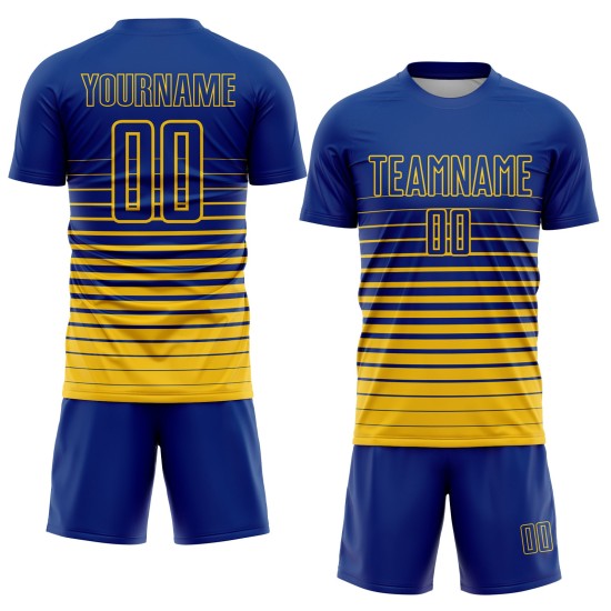 Benutzerdefinierte Royal Yellow Pinstripe Fade Fashion Sublimation Fußball Uniform Trikot