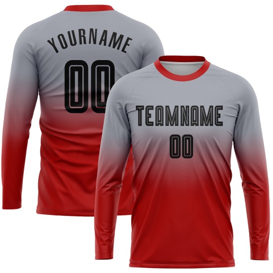 Benutzerdefinierte grau schwarz-rot Sublimation Langarm Fade Fashion Fußball Uniform Jersey