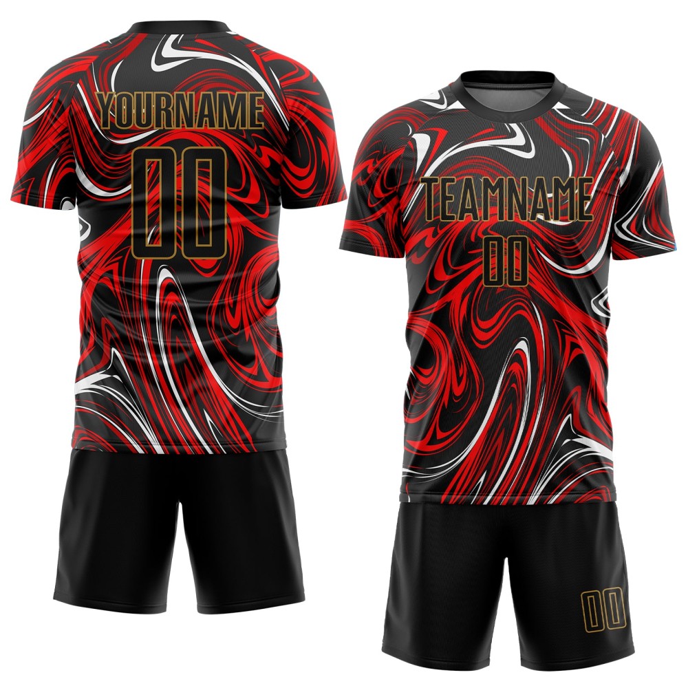 Benutzerdefinierte Figur Schwarz-Altgold Sublimation Fußball Uniform Trikot Benutzerdefinierte Figur Schwarz-Altgold Sublimation Fußball Uniform Trikot