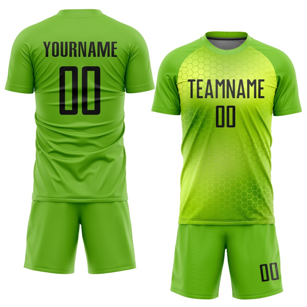 Benutzerdefiniertes neongrünes und schwarzes Sublimations-Fußballtrikot