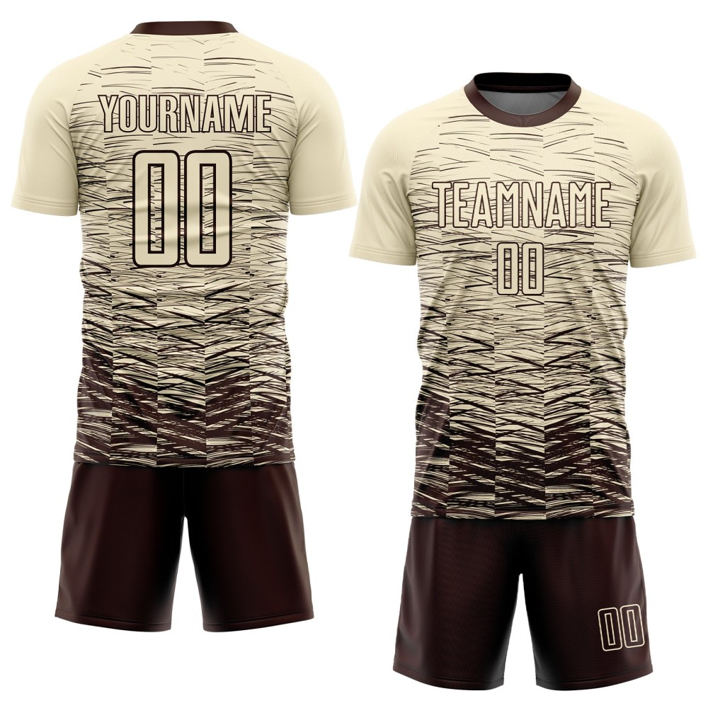 Benutzerdefiniertes cremebraunes Sublimations-Fußballtrikot Benutzerdefiniertes cremebraunes Sublimations-Fußballtrikot