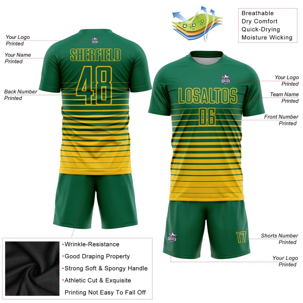 Benutzerdefinierte Kelly Grün Gelb Nadelstreifen Verblassen Mode Sublimation Fußball Uniform Jersey Benutzerdefinierte Kelly Grün Gelb Nadelstreifen Verblassen Mode Sublimation Fußball Uniform Jersey