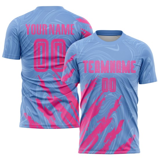Benutzerdefiniertes hellblaues und rosa Sublimations-Fußballtrikot