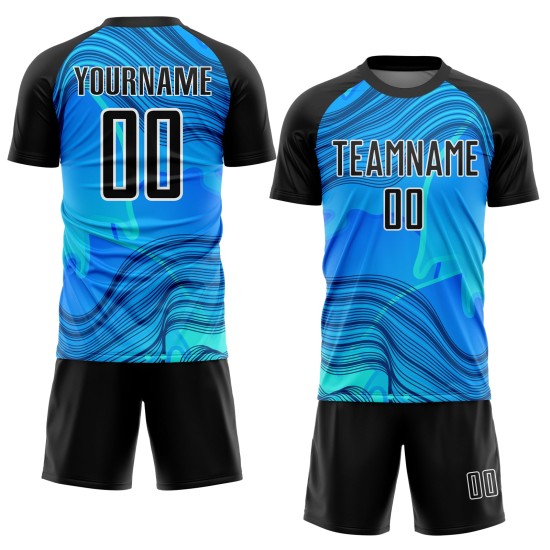 Benutzerdefinierte Himmelblau Schwarz-Weiß Wellen Sublimation Fußball Uniform Jersey