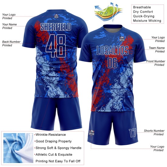 Benutzerdefinierte Royal Rot-Hellblau Dripping Splatter Kunst Sublimation Fußball Uniform Jersey