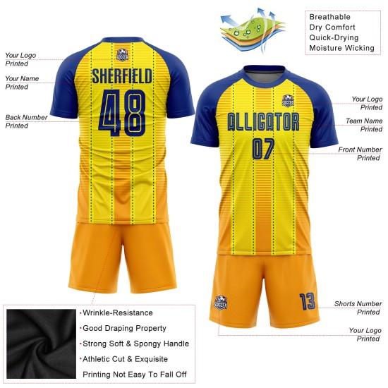 Benutzerdefiniertes Fußballtrikot mit Sublimationsdruck in Gold und Königsorange Benutzerdefiniertes Fußballtrikot mit Sublimationsdruck in Gold und Königsorange