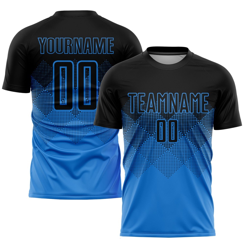 Benutzerdefiniertes puderblau-schwarzes Sublimations-Fußballtrikot Benutzerdefiniertes puderblau-schwarzes Sublimations-Fußballtrikot