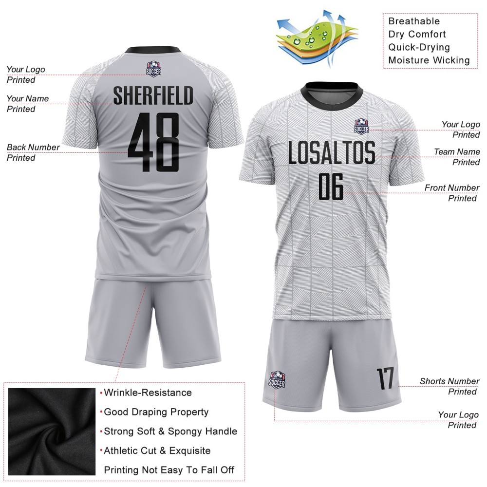 Benutzerdefiniertes grau-schwarz-weißes Sublimations-Fußballtrikot