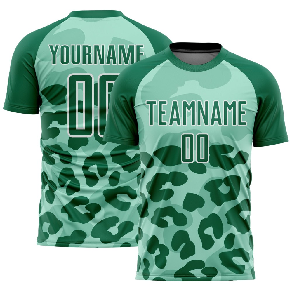 Benutzerdefiniertes erbsengrünes Kellygrün-weißes Sublimations-Fußballtrikot mit Tierdruck Benutzerdefiniertes erbsengrünes Kellygrün-weißes Sublimations-Fußballtrikot mit Tierdruck