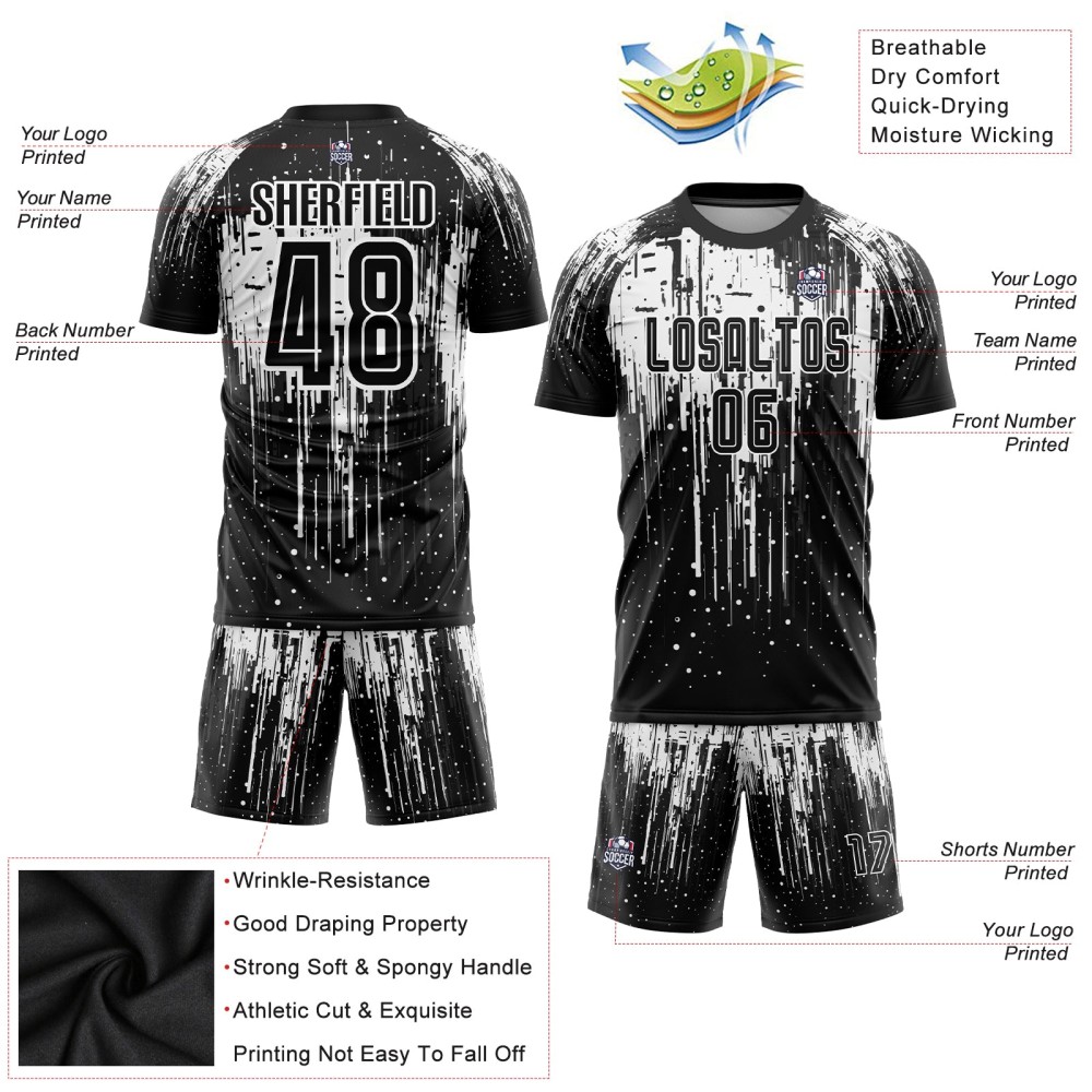 Benutzerdefiniertes weiß-schwarzes Sublimations-Fußballtrikot Benutzerdefiniertes weiß-schwarzes Sublimations-Fußballtrikot