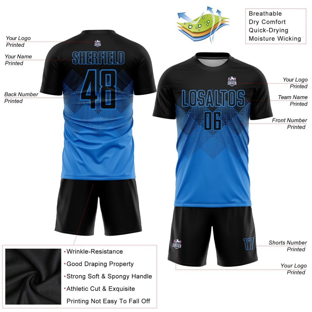Benutzerdefiniertes puderblau-schwarzes Sublimations-Fußballtrikot Benutzerdefiniertes puderblau-schwarzes Sublimations-Fußballtrikot