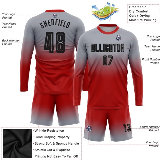 Benutzerdefinierte grau schwarz-rot Sublimation Langarm Fade Fashion Fußball Uniform Jersey