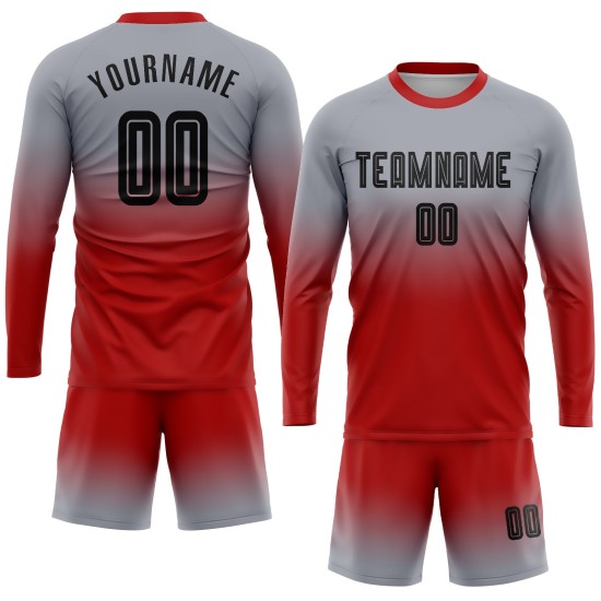 Benutzerdefinierte grau schwarz-rot Sublimation Langarm Fade Fashion Fußball Uniform Jersey