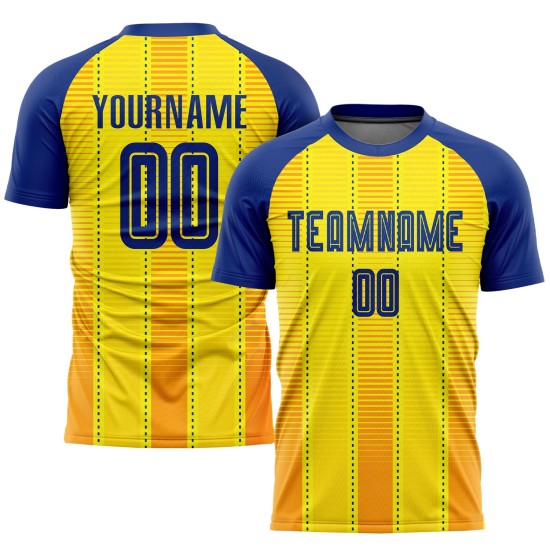 Benutzerdefiniertes Fußballtrikot mit Sublimationsdruck in Gold und Königsorange Benutzerdefiniertes Fußballtrikot mit Sublimationsdruck in Gold und Königsorange