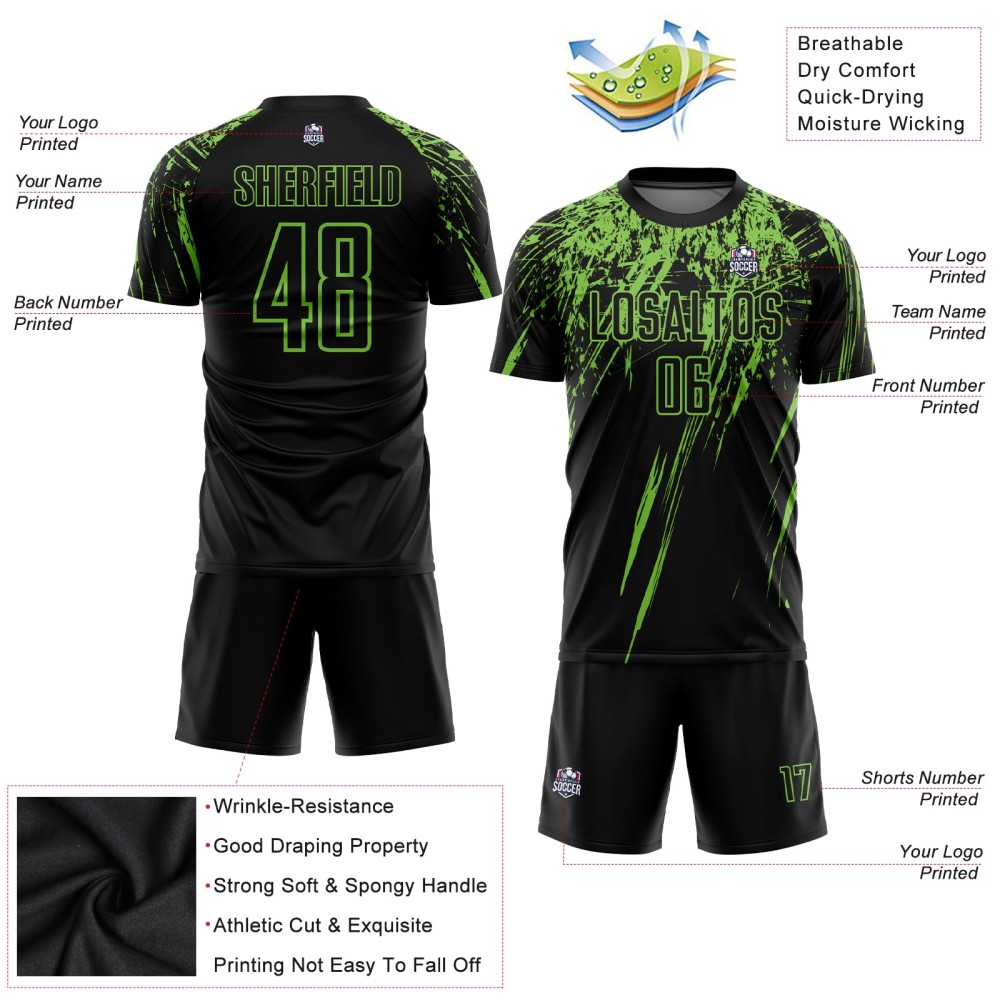 Benutzerdefiniertes schwarzes neongrünes Sublimations-Fußballtrikot Benutzerdefiniertes schwarzes neongrünes Sublimations-Fußballtrikot