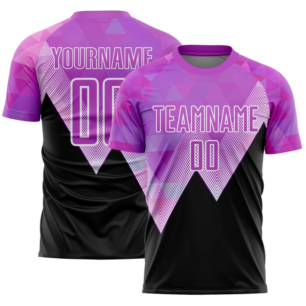 Benutzerdefinierte Lila Schwarz-Weiß Geometrische Muster Sublimation Fußball Uniform Trikot Benutzerdefinierte Lila Schwarz-Weiß Geometrische Muster Sublimation Fußball Uniform Trikot