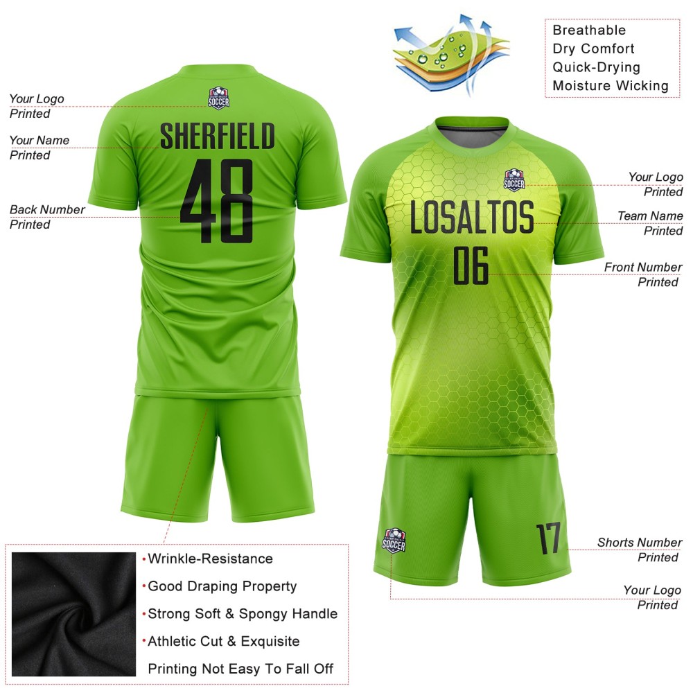Benutzerdefiniertes neongrünes und schwarzes Sublimations-Fußballtrikot