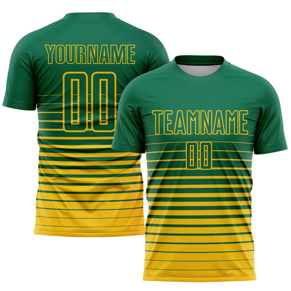 Benutzerdefinierte Kelly Grün Gelb Nadelstreifen Verblassen Mode Sublimation Fußball Uniform Jersey Benutzerdefinierte Kelly Grün Gelb Nadelstreifen Verblassen Mode Sublimation Fußball Uniform Jersey