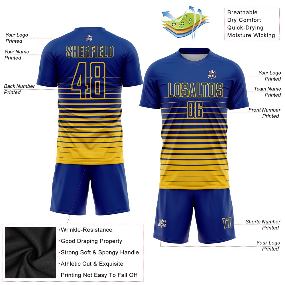 Benutzerdefinierte Royal Yellow Pinstripe Fade Fashion Sublimation Fußball Uniform Trikot Benutzerdefinierte Royal Yellow Pinstripe Fade Fashion Sublimation Fußball Uniform Trikot