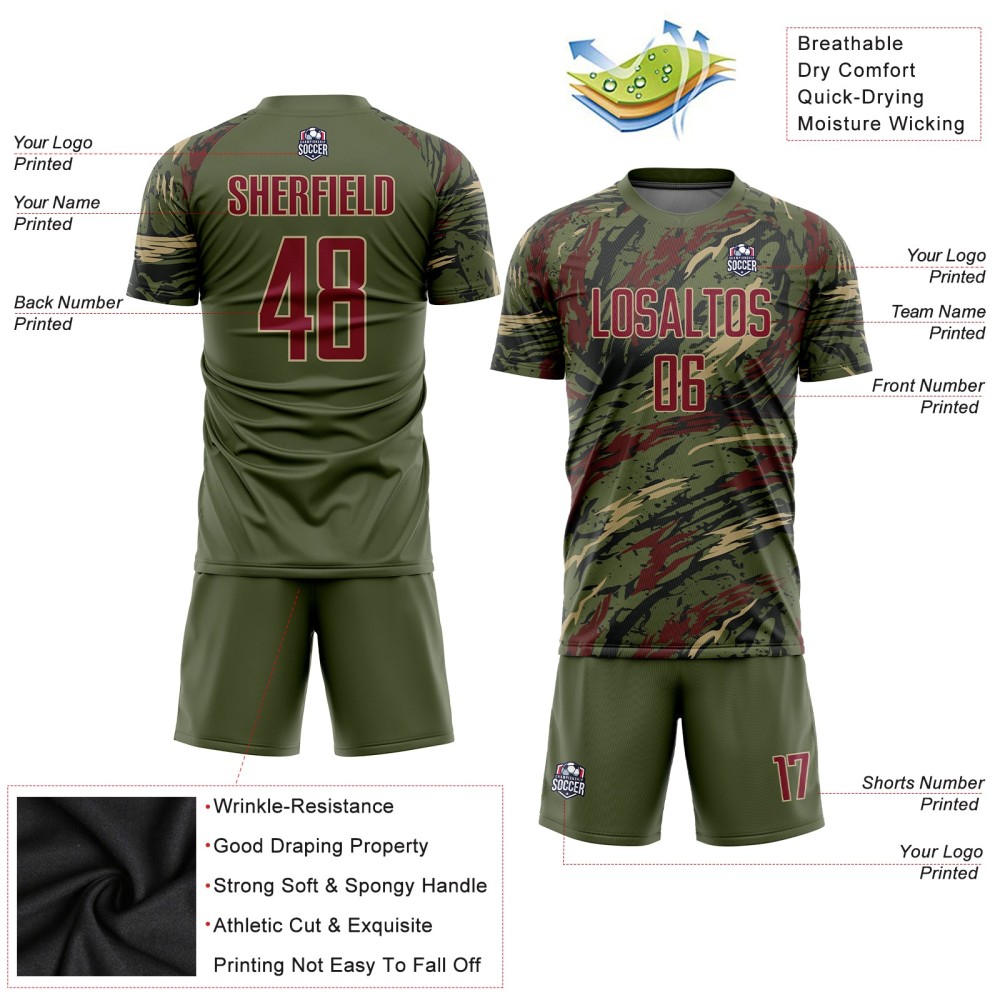 Benutzerdefiniertes olivgrünes Crimson-Vegas-Gold-Sublimations-Salute-to-Service-Fußballtrikot