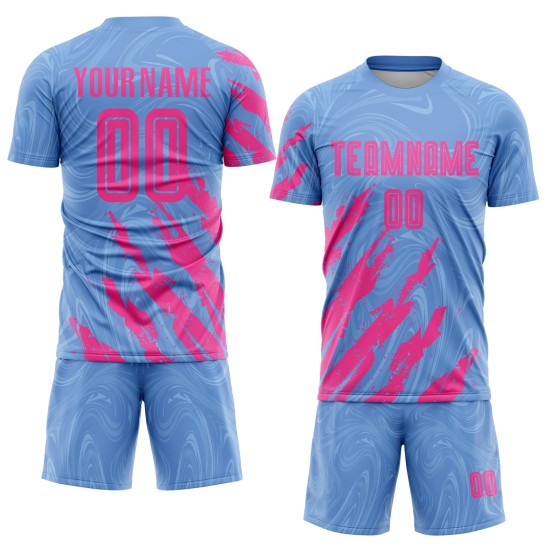 Benutzerdefiniertes hellblaues und rosa Sublimations-Fußballtrikot