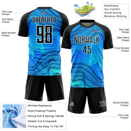 Benutzerdefinierte Himmelblau Schwarz-Weiß Wellen Sublimation Fußball Uniform Jersey