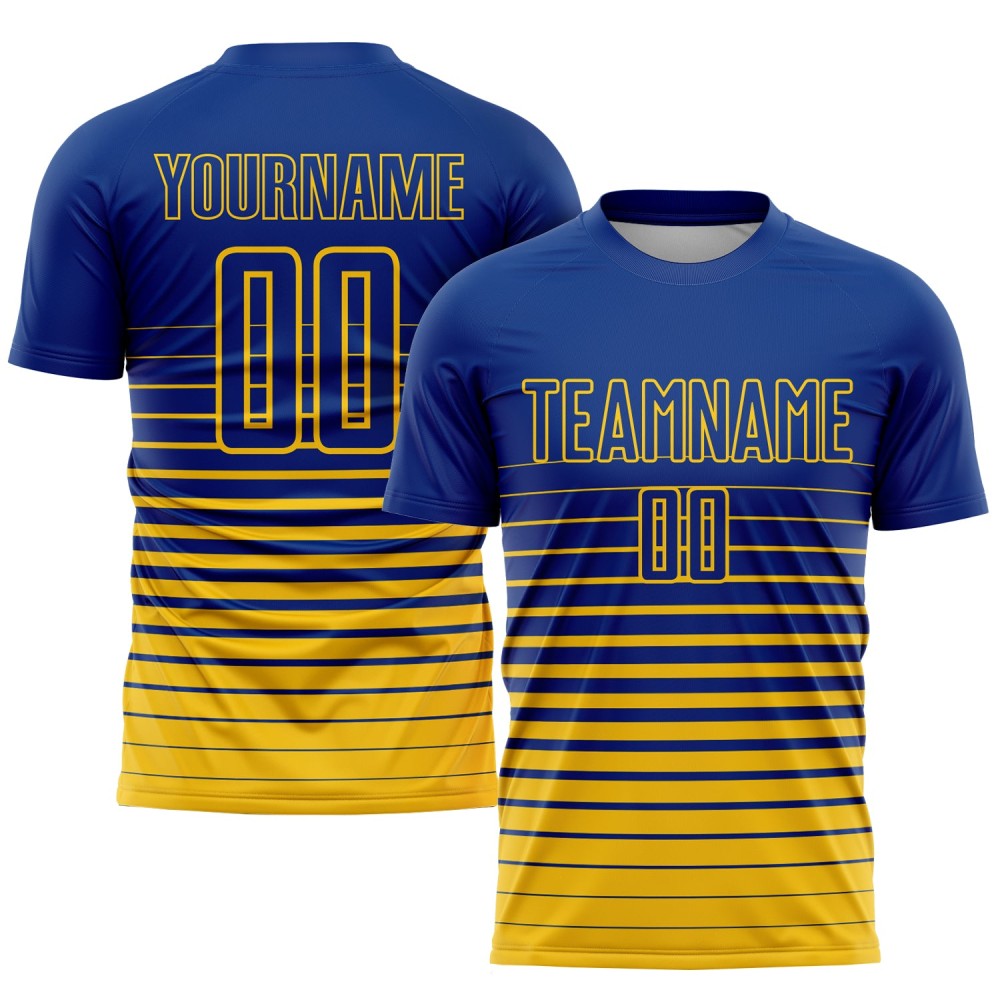 Benutzerdefinierte Royal Yellow Pinstripe Fade Fashion Sublimation Fußball Uniform Trikot Benutzerdefinierte Royal Yellow Pinstripe Fade Fashion Sublimation Fußball Uniform Trikot