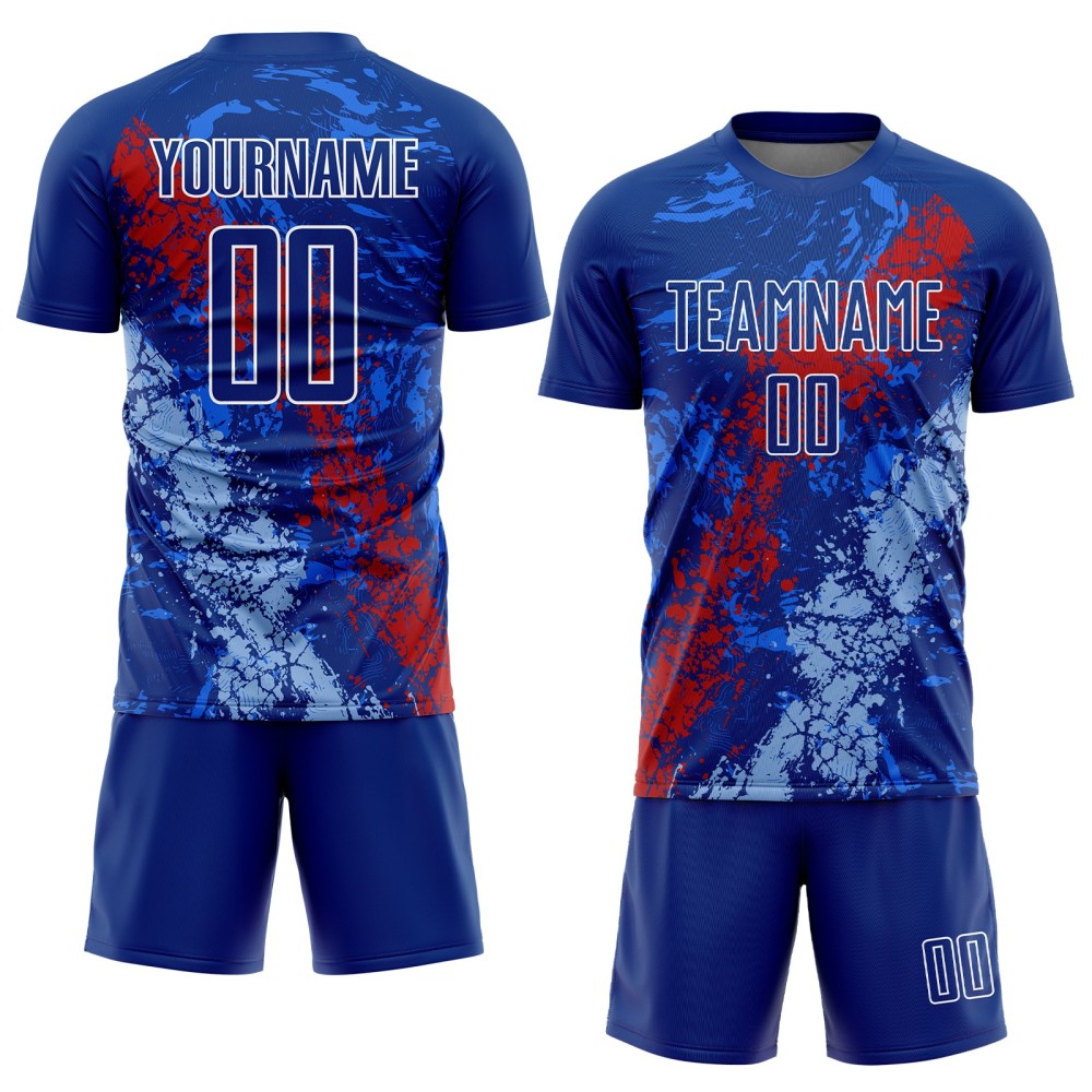 Benutzerdefinierte Royal Rot-Hellblau Dripping Splatter Kunst Sublimation Fußball Uniform Jersey Benutzerdefinierte Royal Rot-Hellblau Dripping Splatter Kunst Sublimation Fußball Uniform Jersey