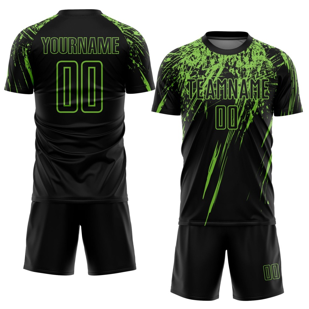 Benutzerdefiniertes schwarzes neongrünes Sublimations-Fußballtrikot Benutzerdefiniertes schwarzes neongrünes Sublimations-Fußballtrikot