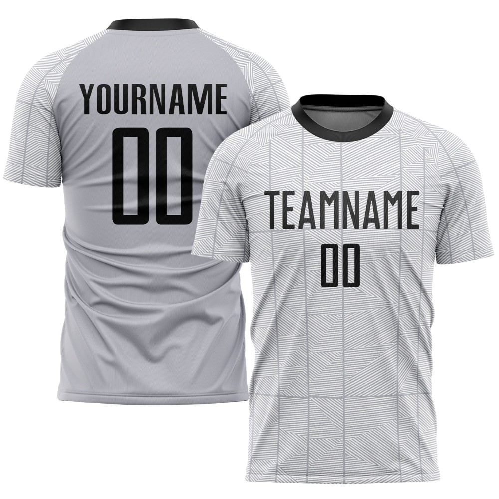 Benutzerdefiniertes grau-schwarz-weißes Sublimations-Fußballtrikot