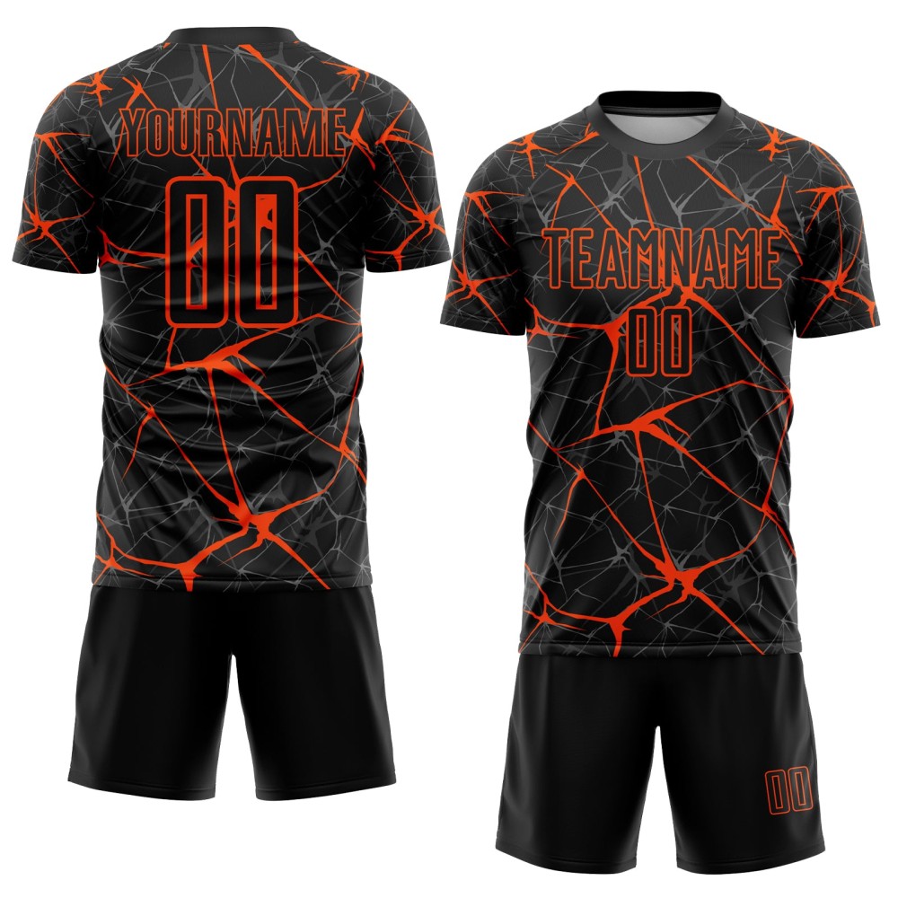 Benutzerdefiniertes schwarz-orangefarbenes Sublimations-Fußballtrikot Benutzerdefiniertes schwarz-orangefarbenes Sublimations-Fußballtrikot