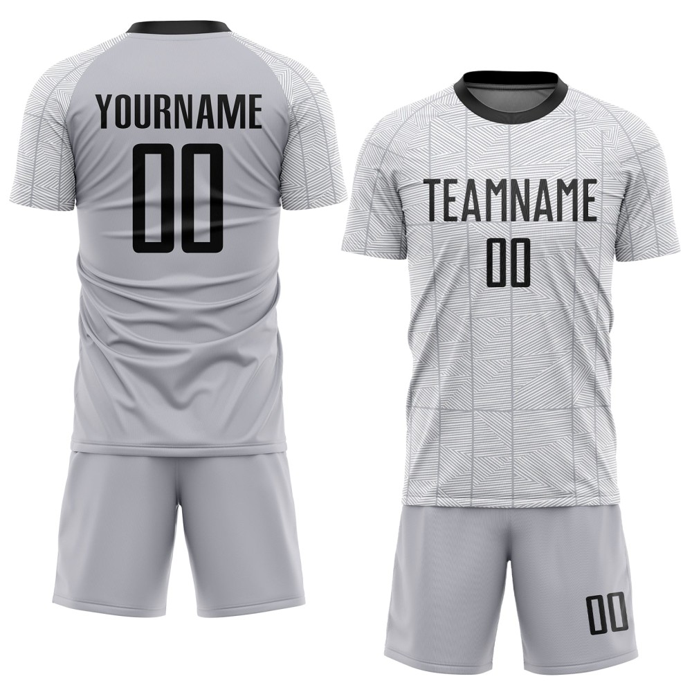 Benutzerdefiniertes grau-schwarz-weißes Sublimations-Fußballtrikot